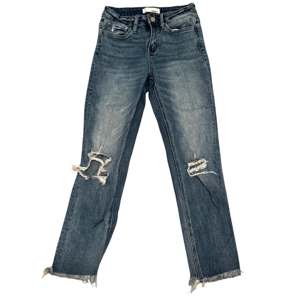 Vervet Women's Blue Cotton Stretch Distressed Raw Hem Straight Leg Jeans Size 25